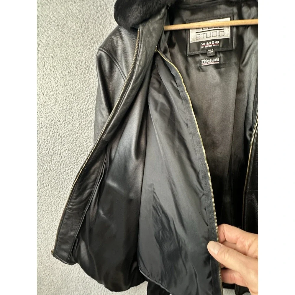 Wilsons Leather Pelle Studio Black Jacket Women L Removable Fur Collar Belted